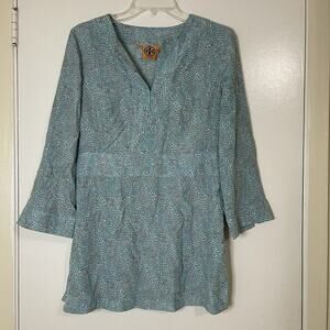 Tory Burch blue printed silk vneck tunic blouse top size 10